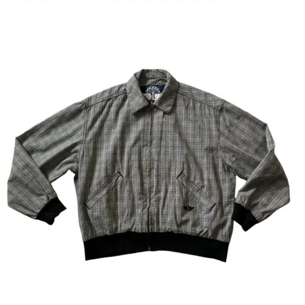 Vintage Dockers plaid bomber jacket, lightweight, black & white plaid